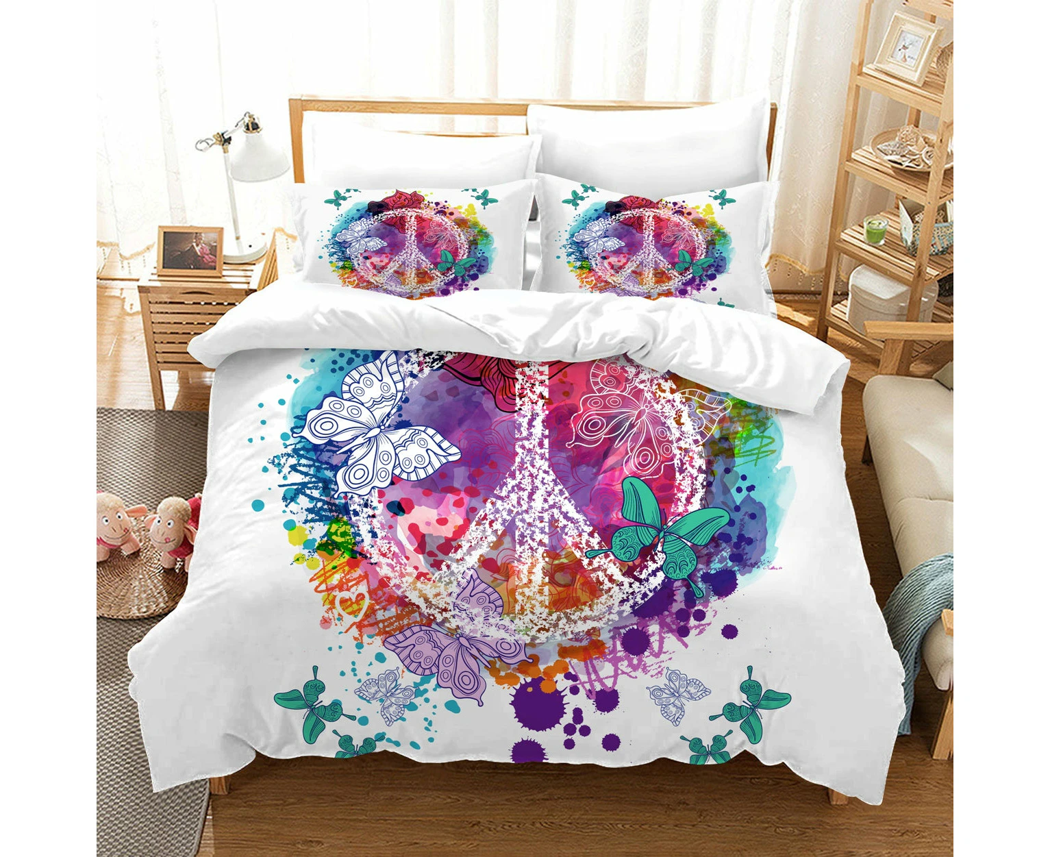 White Butterfly Peace Quilt Doona Duvet Cover Pillow Case Set