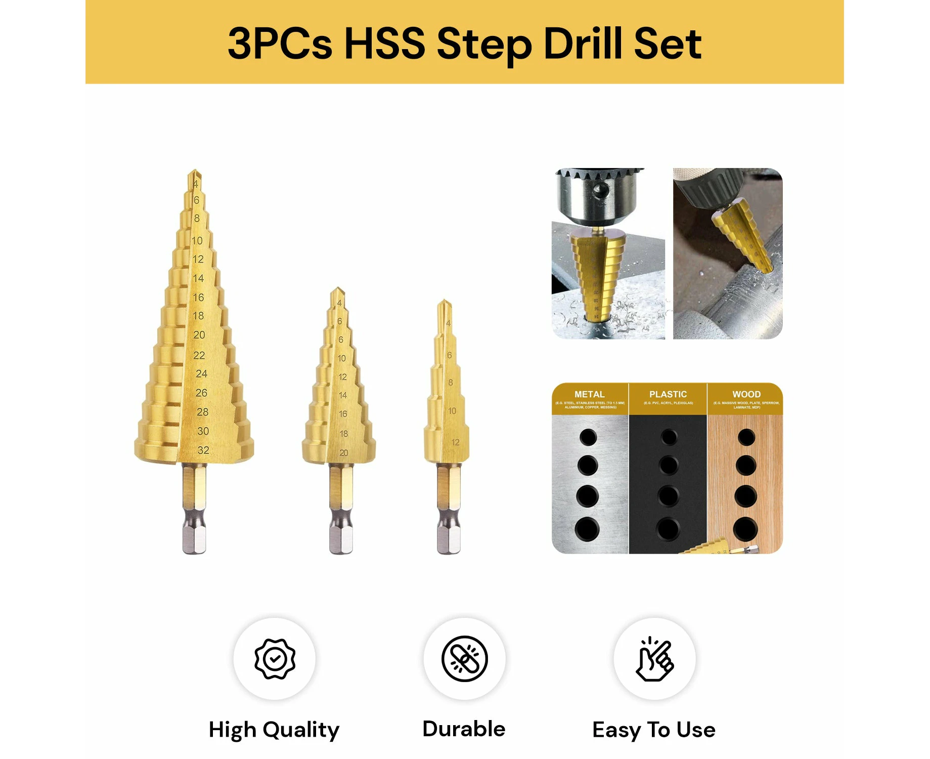 3PCs HSS Step Drill Set - Straight Drill Set