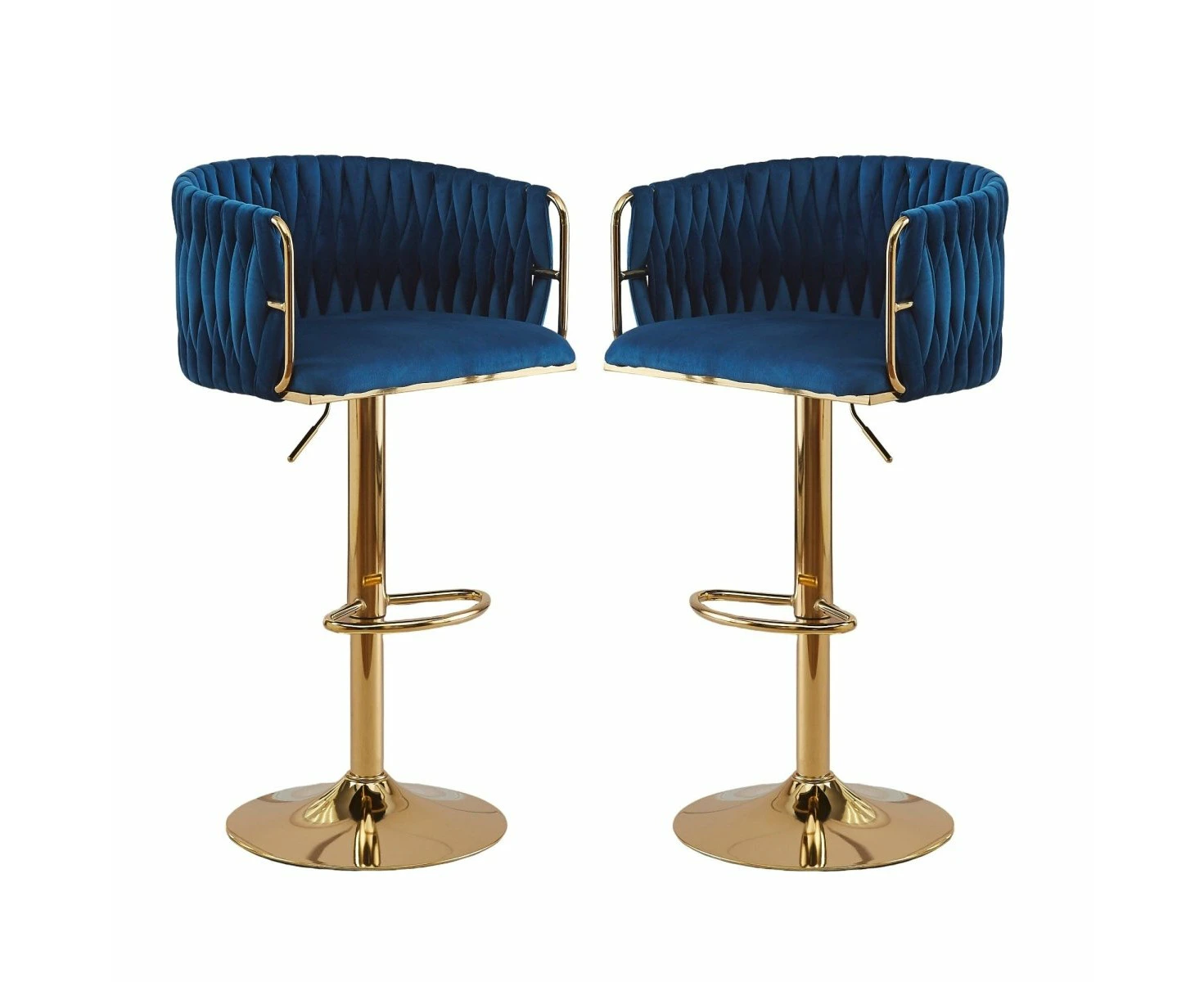 SERENITa 2x Height Adjustable Blue Swivel Bar Stool Velvet Golden Round Base Barstools Chairs