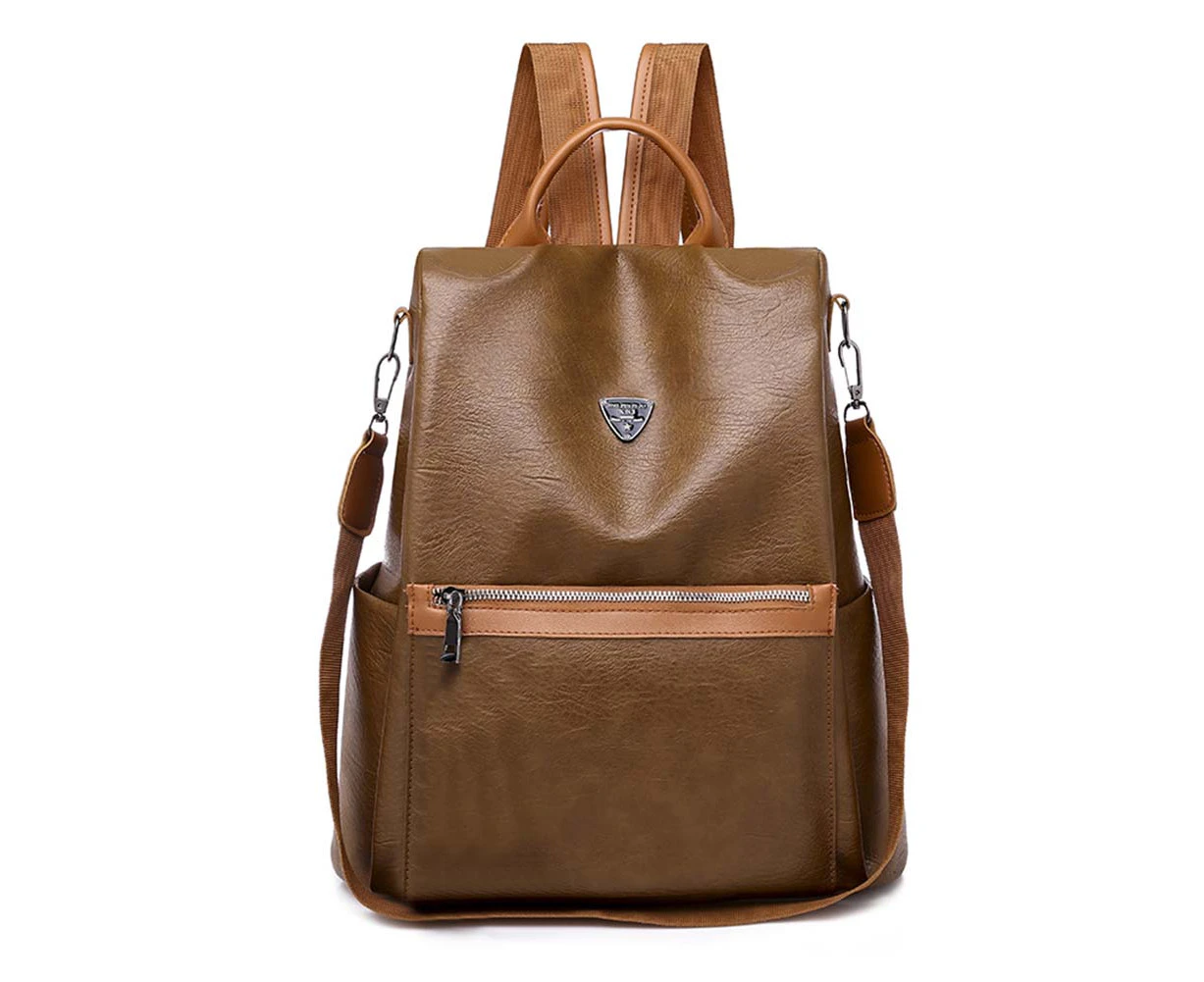 Fashion Women Lady Solid Color Bag Casual PU Backpack Waterproof Shoulder Bags (Brown)