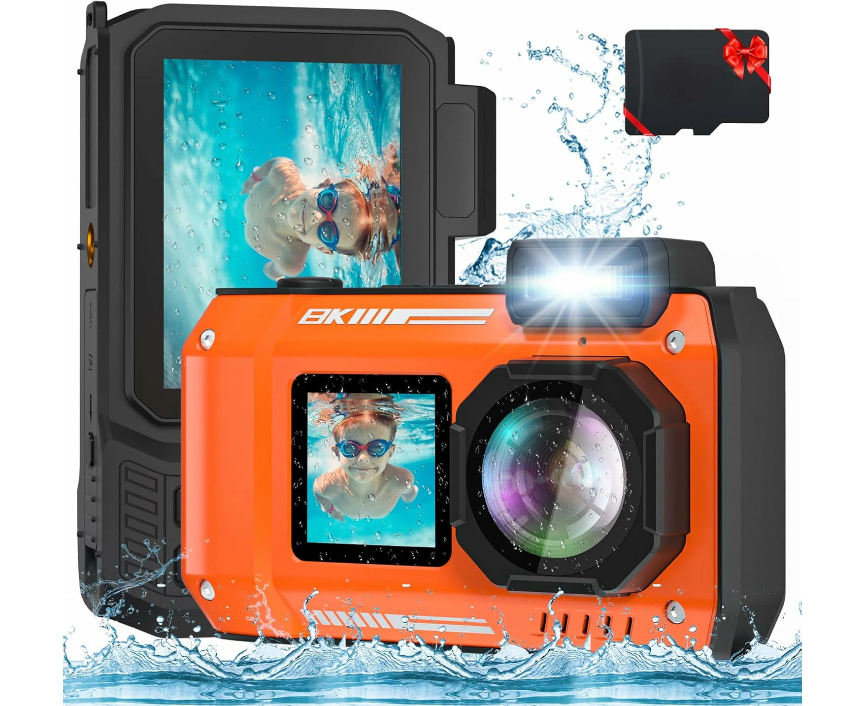 Upgraded 8K 70MP Underwater Camera/33FT Waterproof Camera Rugged Dustproof Shockproof for Snorkeling/Dual-Screen Underwater Camera with 64G Card -Orange