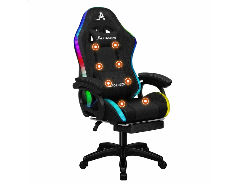 Rgb Led Massage Gaming Chair Footrest - Fabric Black