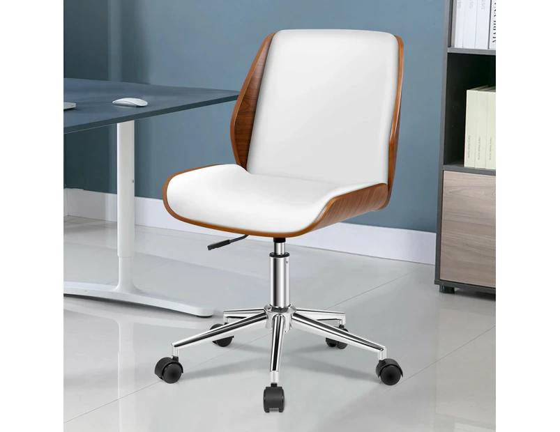 Wooden Office Chair Pu Leather Seat - Renzo - White