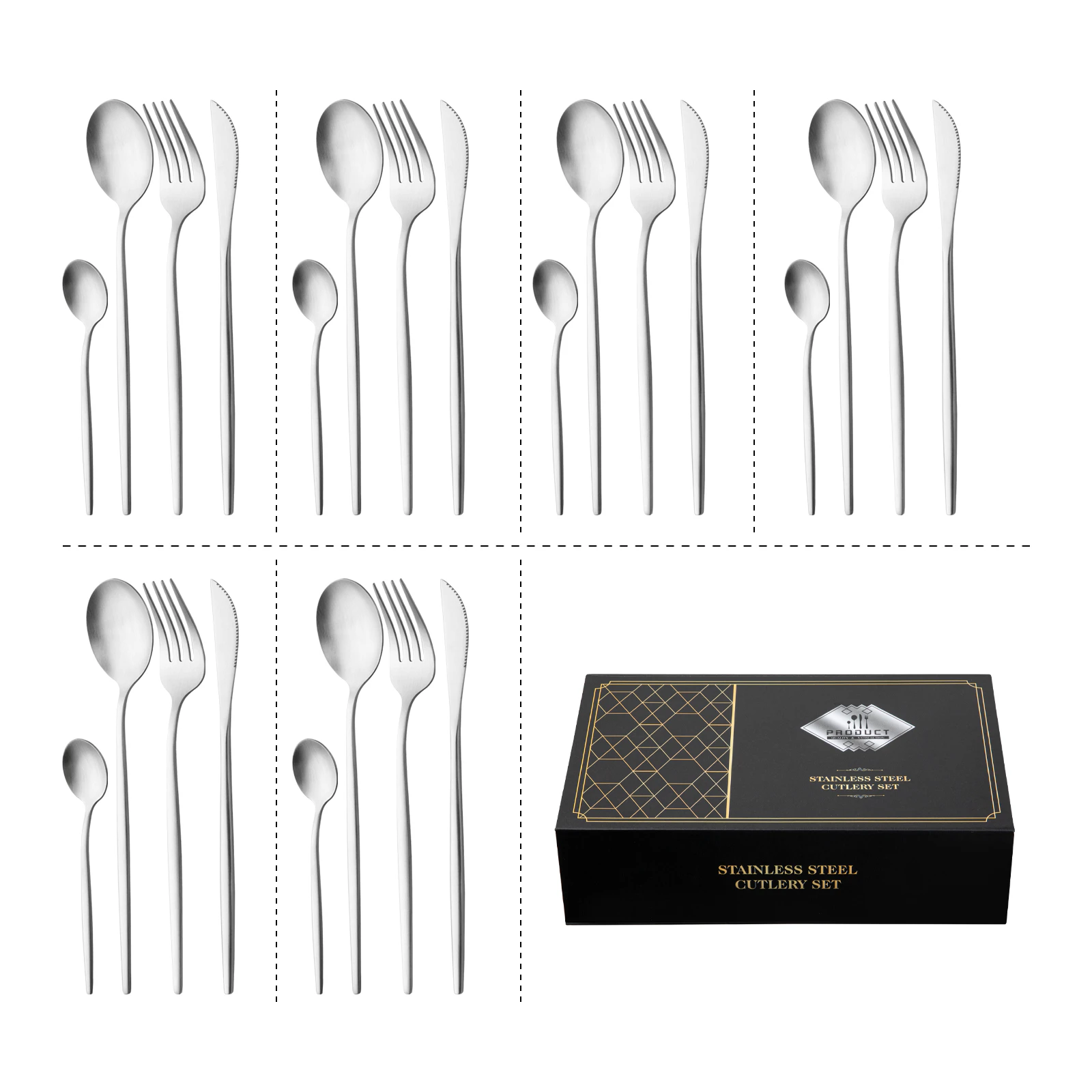 Kitchen Cutlery set 24pcs Dining Tableware Party Supplies Stainless Steel Cutlery Brushed Silver