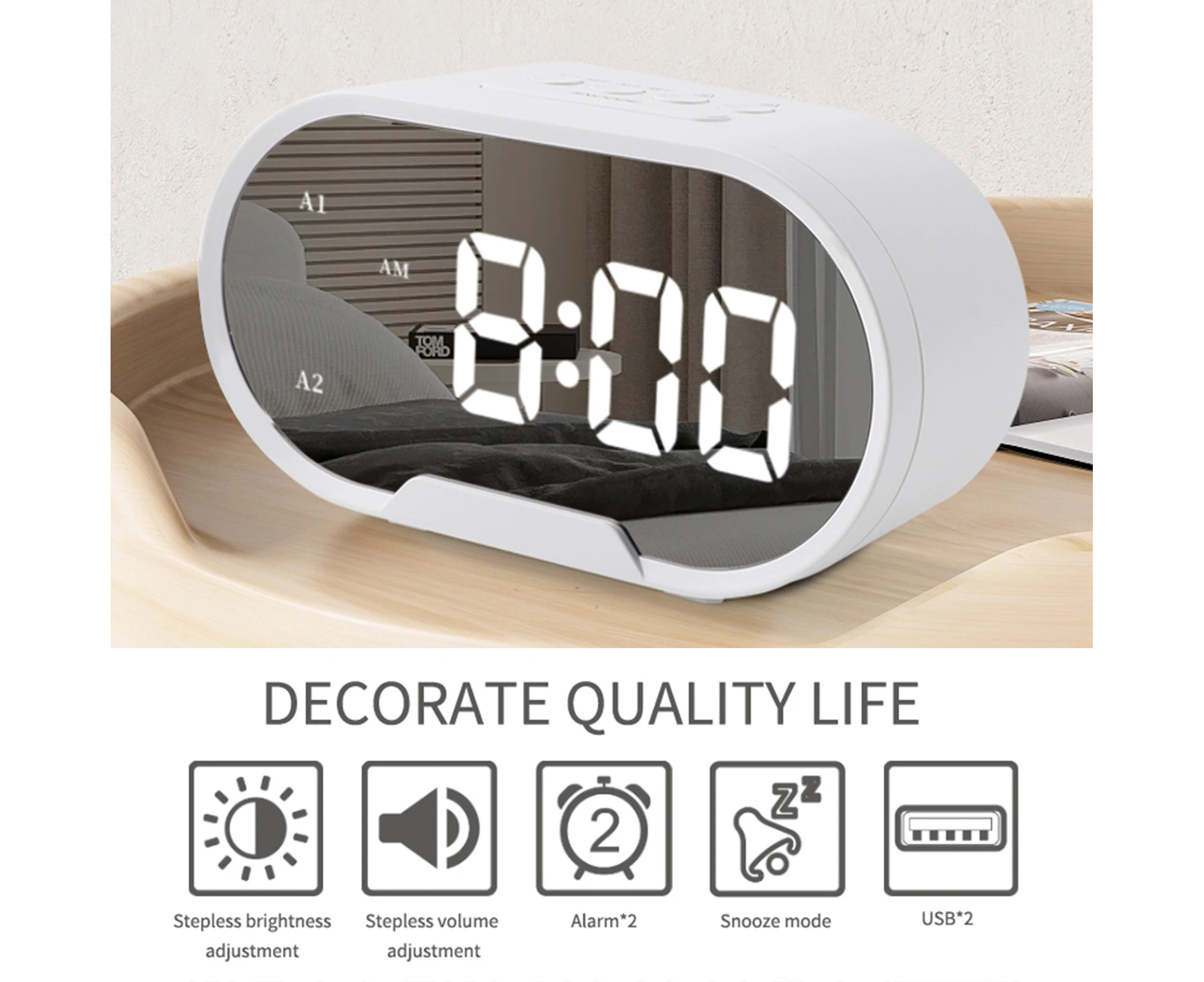 HOMCOMY LED Digital Alarm Clock 5.5 inch Large Display Mirror Surface Electric Alarm Clocks for Makeup with Diming Mode Adjustable Alarm Volume Dual