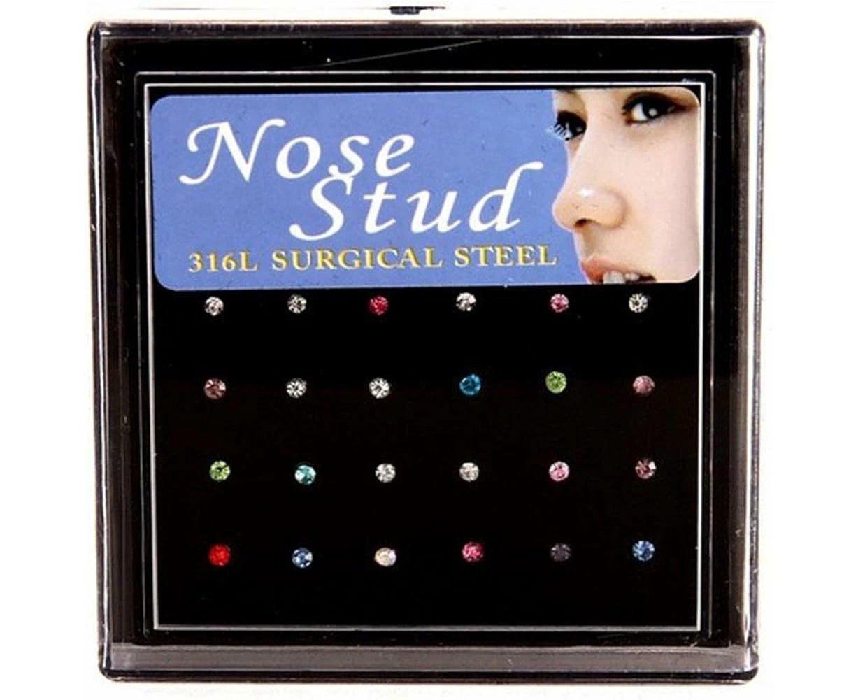 24 Pcs Lady Crystal Rhinestone Nose Ring Bone Stud Bar Surgical Steel,Colorful