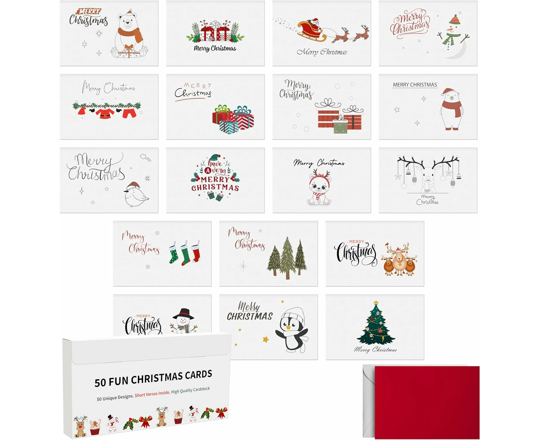 Dessie® 50 Unique Christmas Cards Boxed Set with Envelopes and Stickers 4” x 6” Multipack