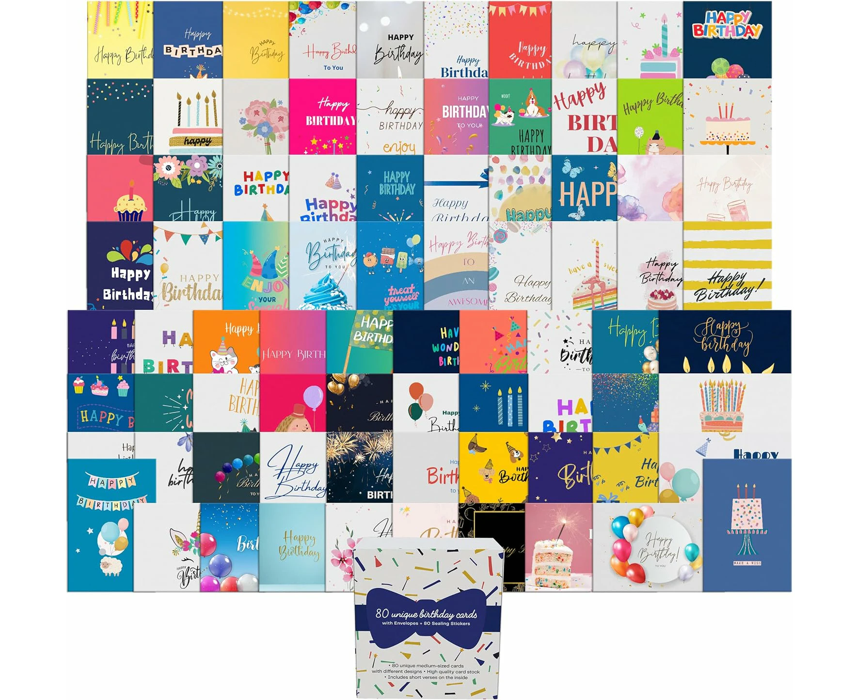 Dessie® 80 Happy Birthday Greeting Cards with Unique Designs and Birthday Wishes, 4”x 6”