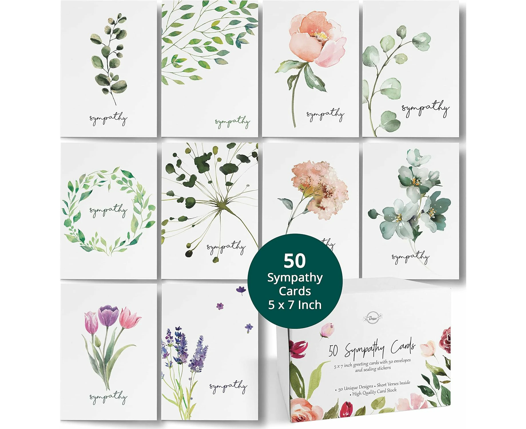 Dessie® 50 Sympathy Cards with Unique Designs and Condolence Messages Inside, 5” x 7”