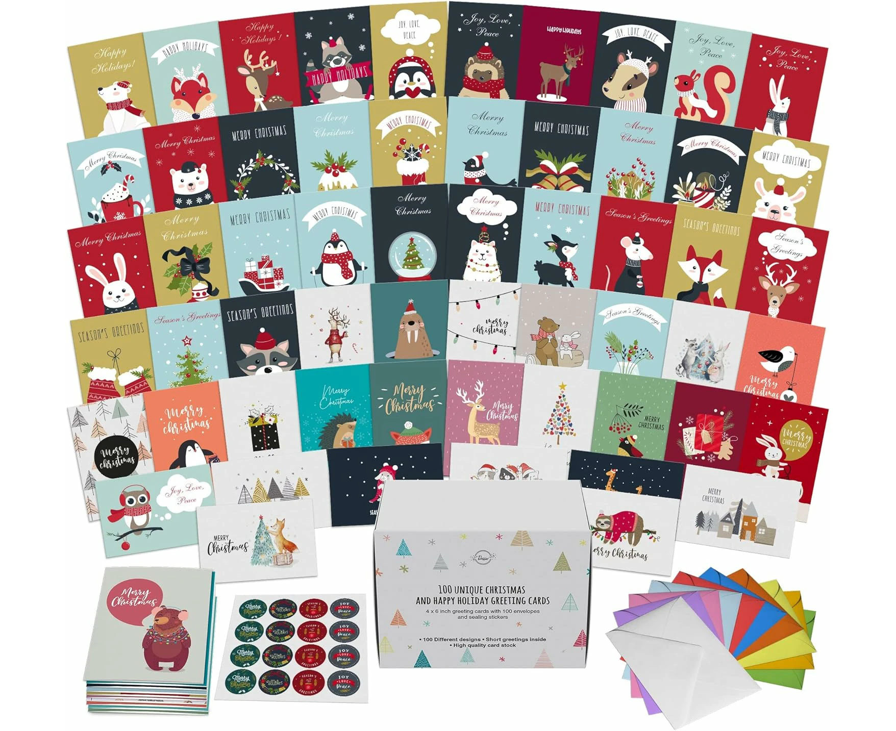 Dessie® 100 Unique Boxed Christmas Cards with Envelopes 4” x 6” Assorted Bulk Variety Pack