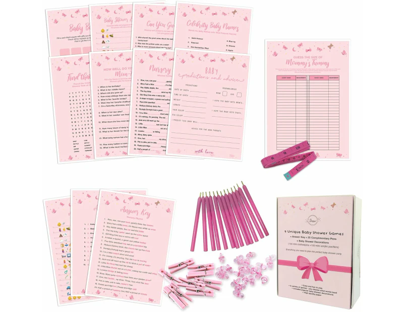 Dessie® 9 Girl Baby Shower Card Games Activity Kit with Pink Party Supplies & Decorations