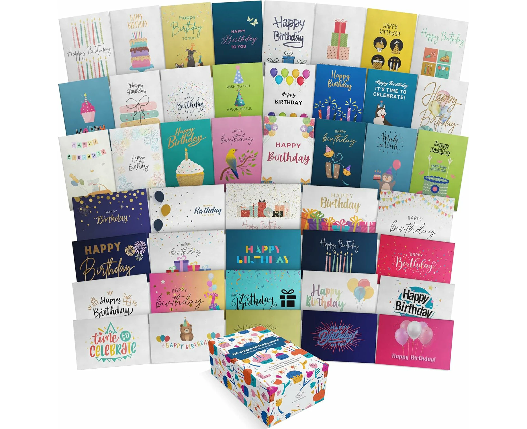 Dessie® 120 Happy Birthday Cards with Unique Designs and Birthday Wishes Inside, 4” x 6”