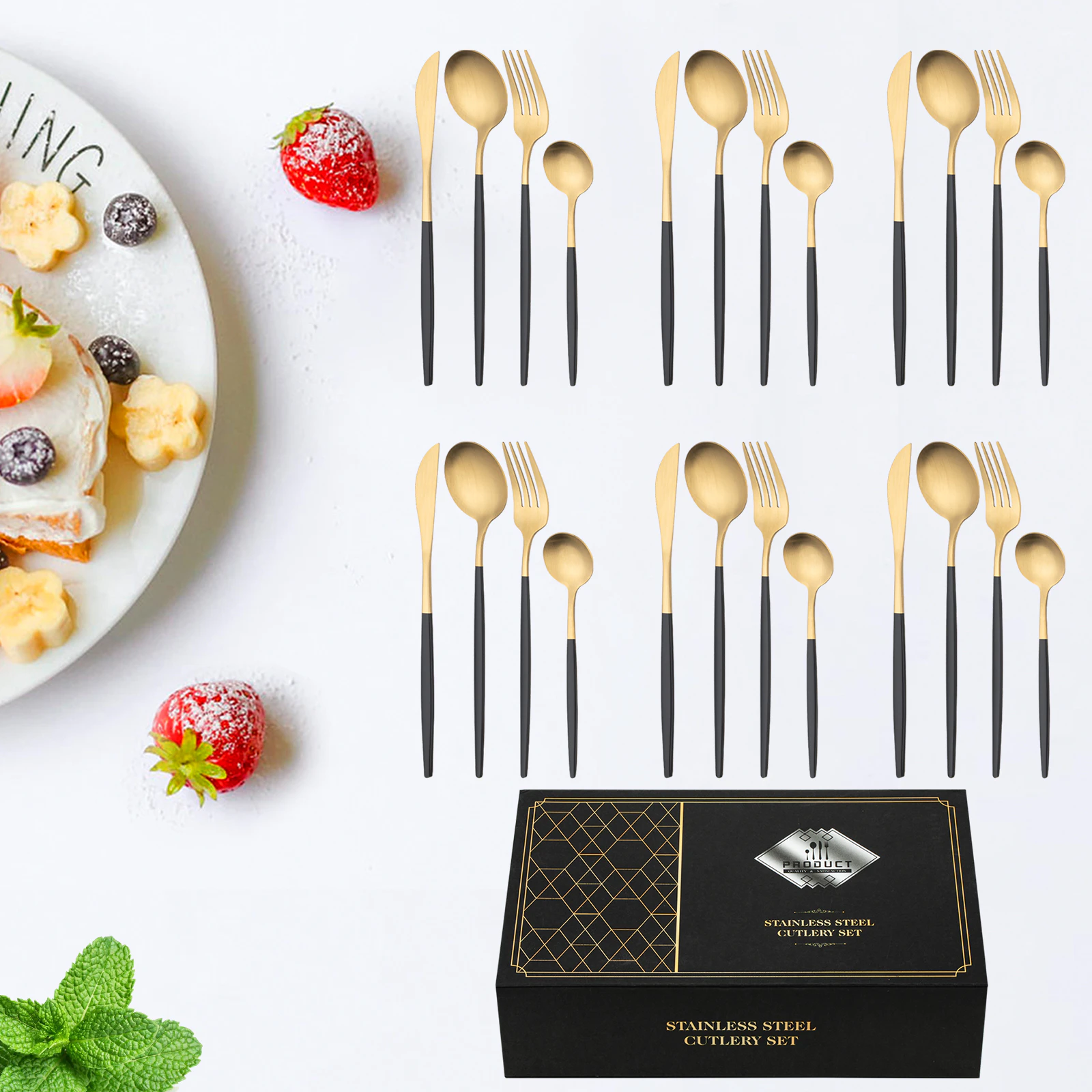 24 Piece Cutlery set Gifts Stainless Steel Cutlery Party Dinner Steak Knife Fork Spoon Teaspoon Gold Black