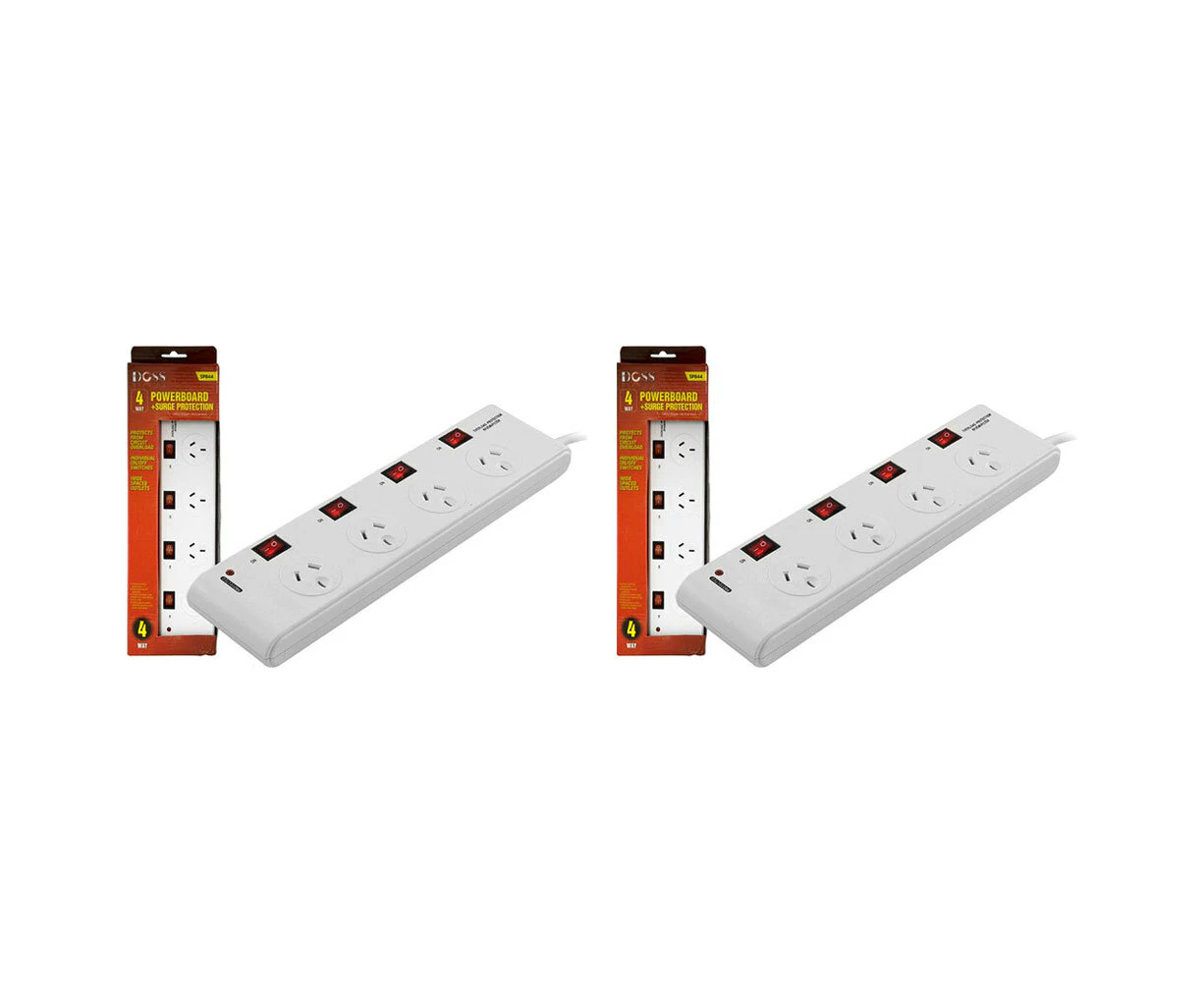 2x Doss 4 Way Surge Protector Power Board Outlet Strip Switch/Socket WHT