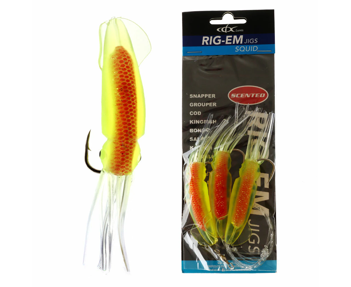 CDX Rig-Em Squid Flasher Rig 13cm Qty 3 Yellow/Orange