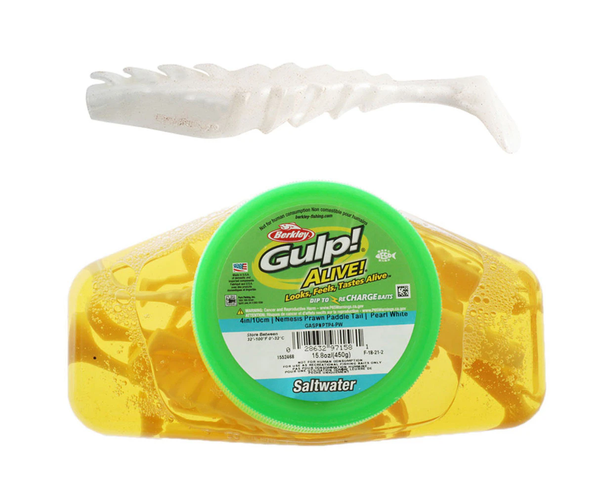 Berkley Gulp Alive Nemesis Prawn Paddle Tail Soft Bait Tub 10cm Pearl White