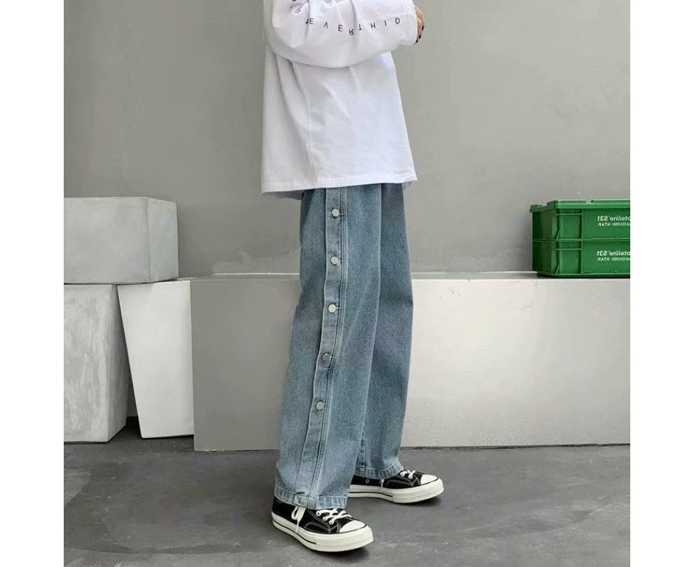 Button jeans men's straight loose floor length trousers trendy hip hop pants wide leg