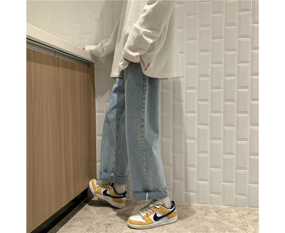 Raw edge straight jeans for men spring and autumn trend students handsome loose wide leg trousers