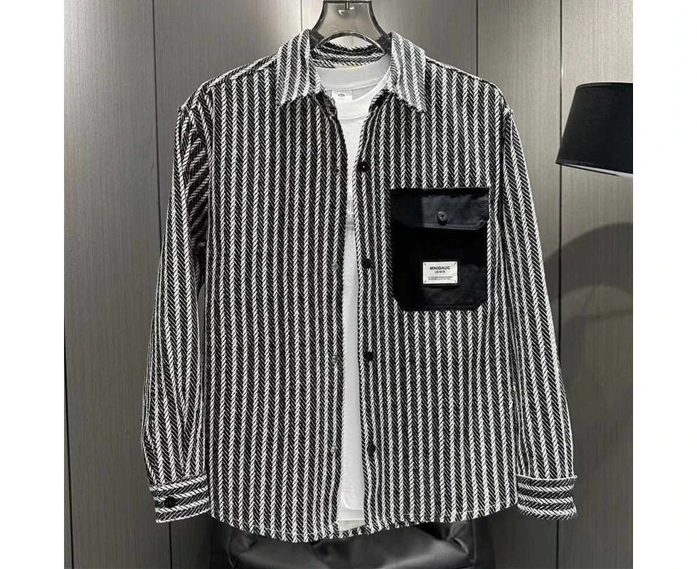 New autumn men's striped contrast color trend all-match casual jacket fashion long-sleeved shirt all-match lapel shirt