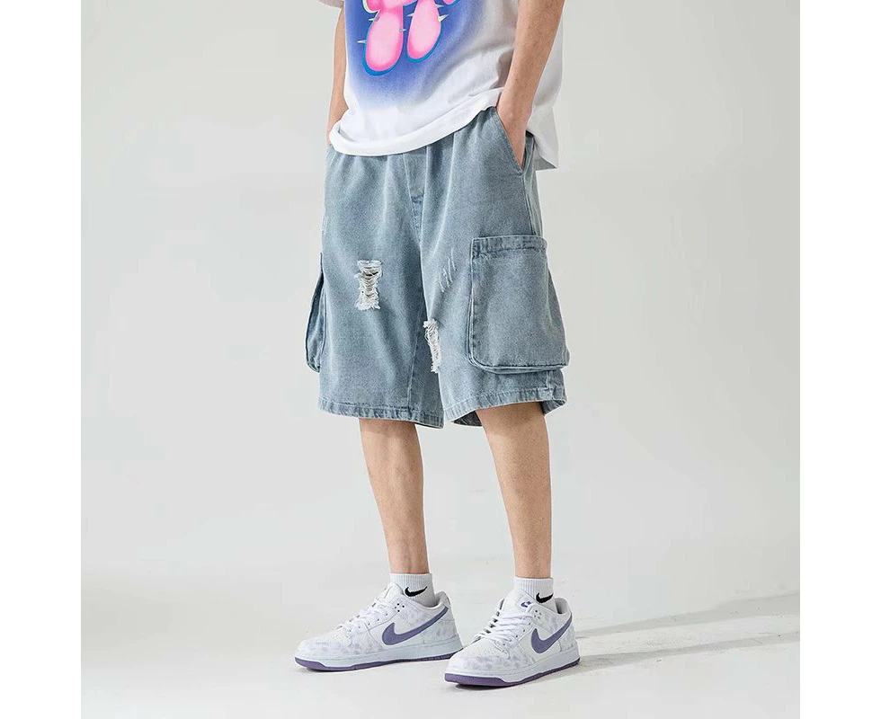 2024 new men's ripped denim shorts summer trend loose casual pants