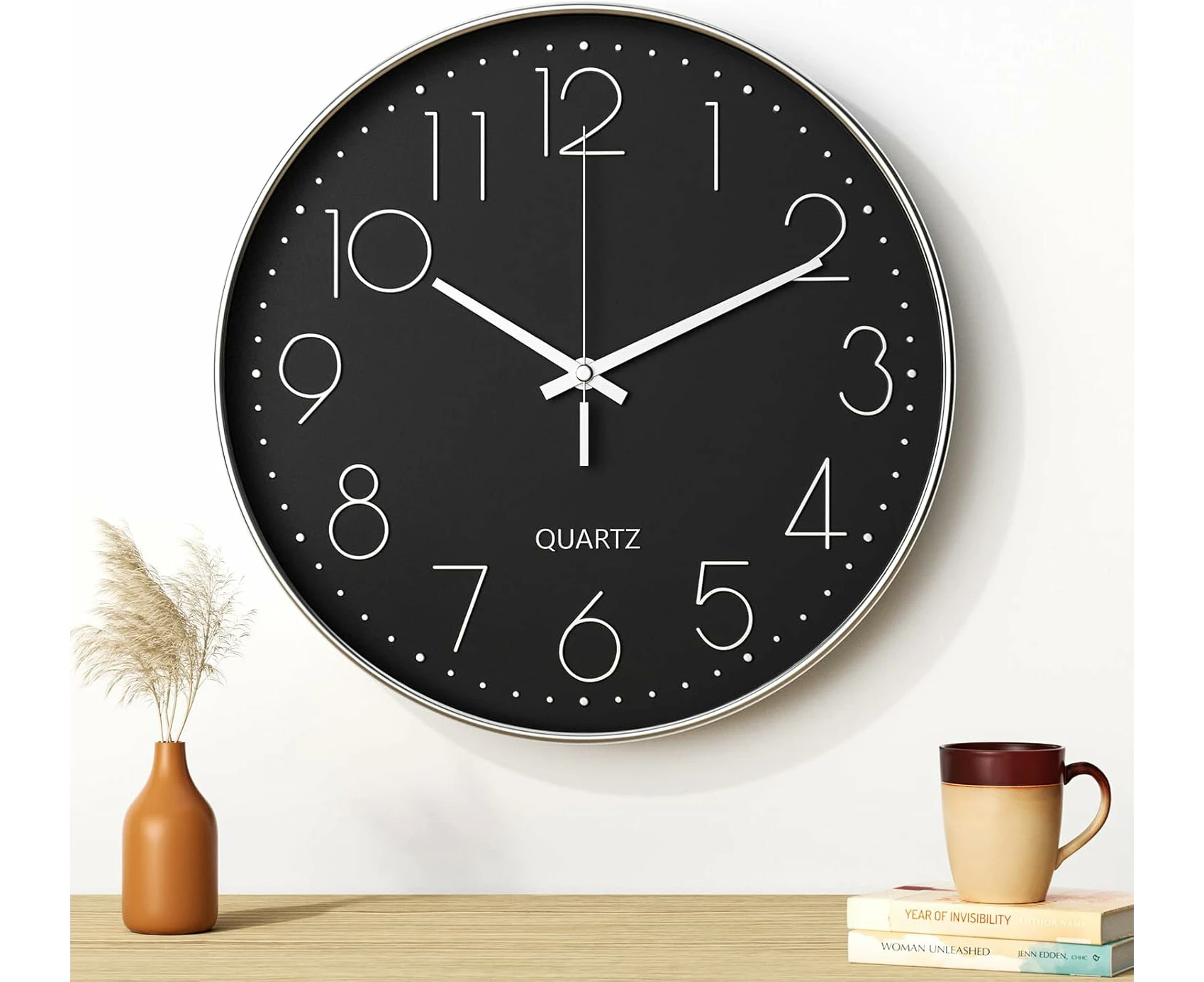 Wall Clock, 30CM (12 Inch) Modern Silent Wall Clock, Quartz Movement, Modern Minimalist Design in Black, for Living Room, Kitchen, Office, Bedroom(Si