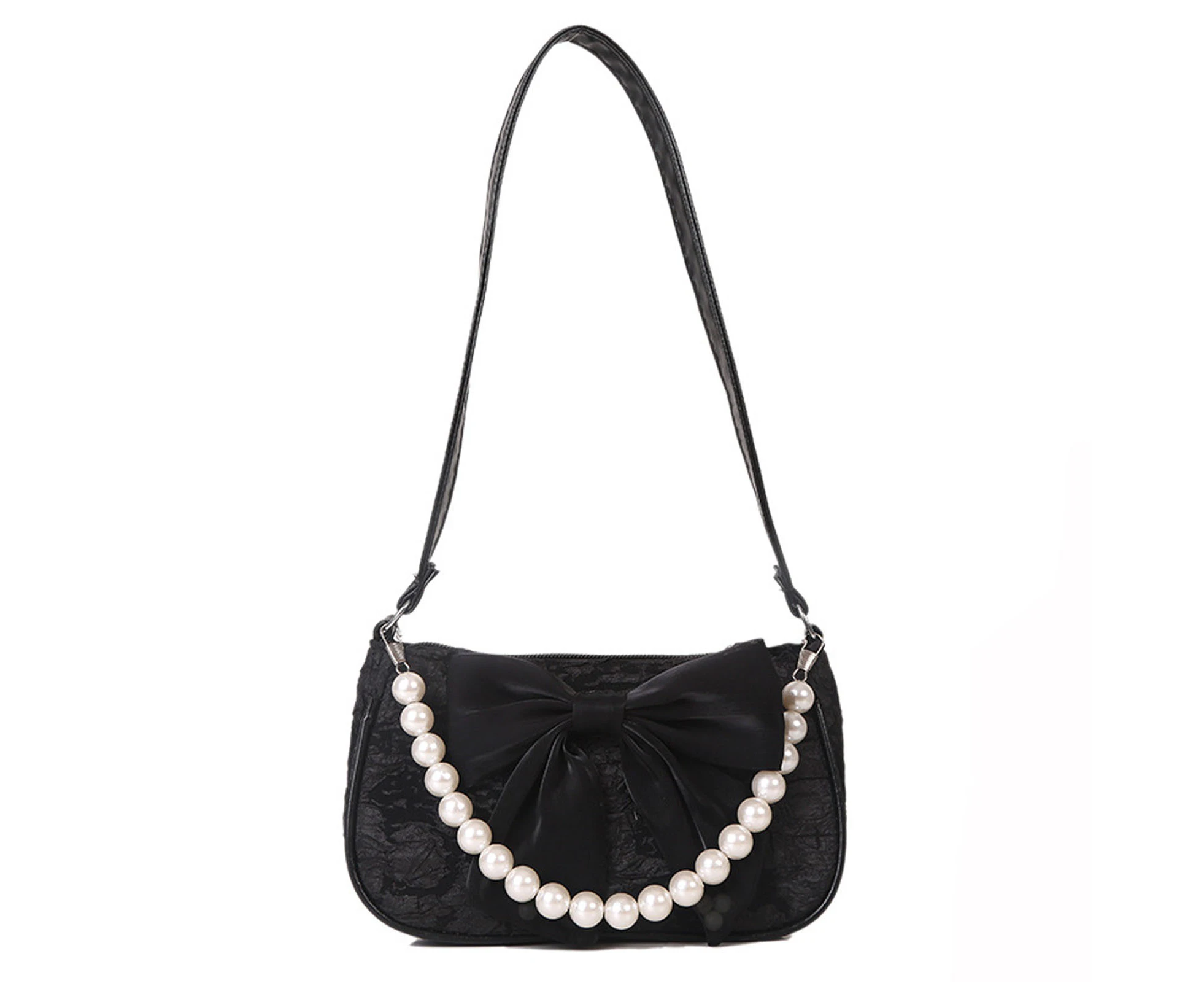 Shoulder Bag with Artificial Pearl Chain Zipper Elegant Stylish Rectangular Canvas Mini Women Handbag Black Average Size