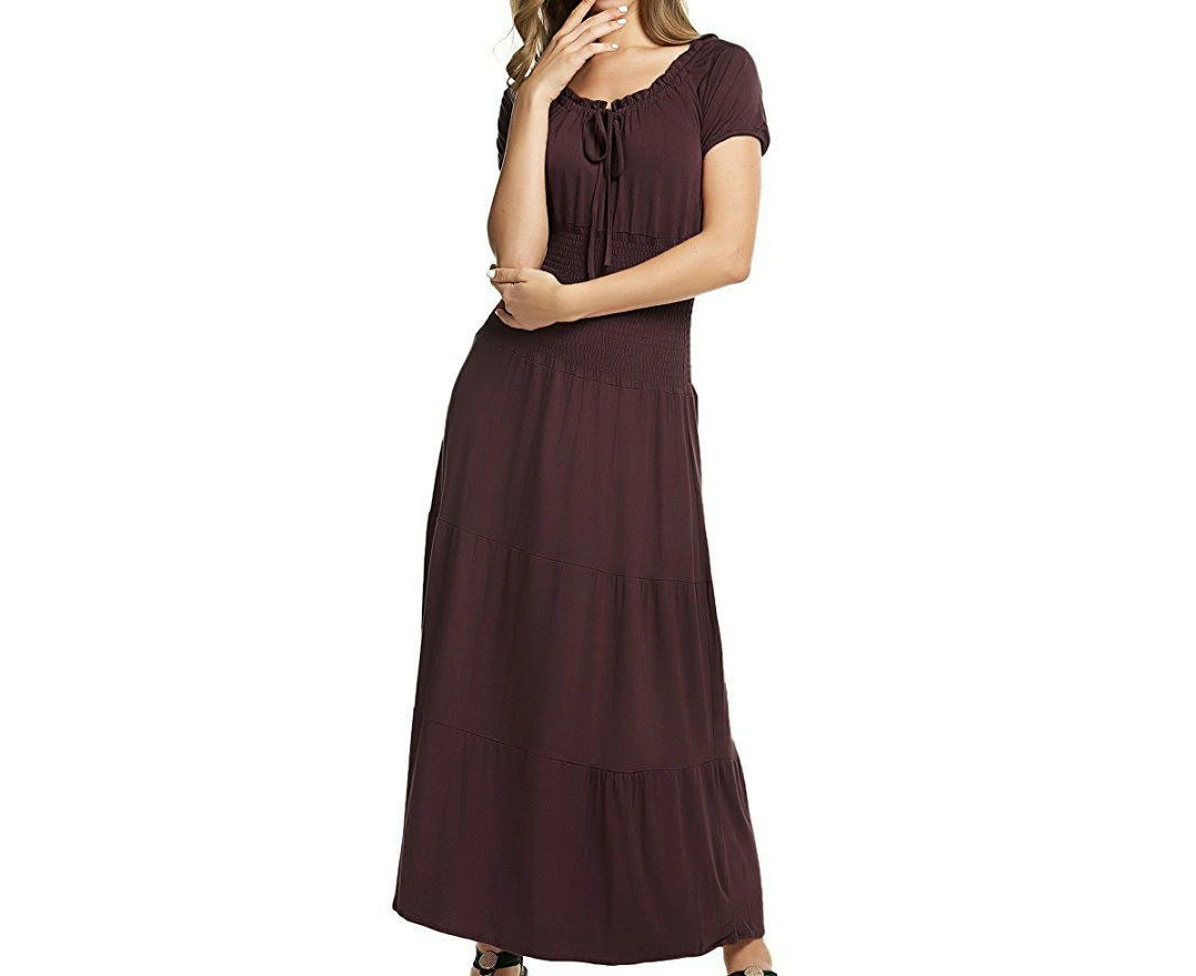 Women's Summer Casual Dresses Short Sleeve Crewneck Flowy Tiered Maxi Dress-brown