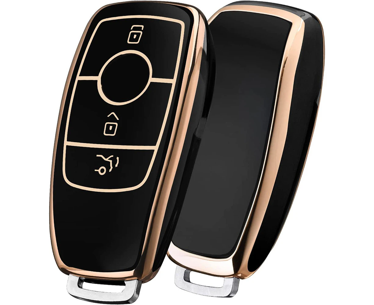 Car Key Case Suitable for Mercedes Benz, Key Cover for E Class S Class TPU Protective Case (Golden Edge Black)