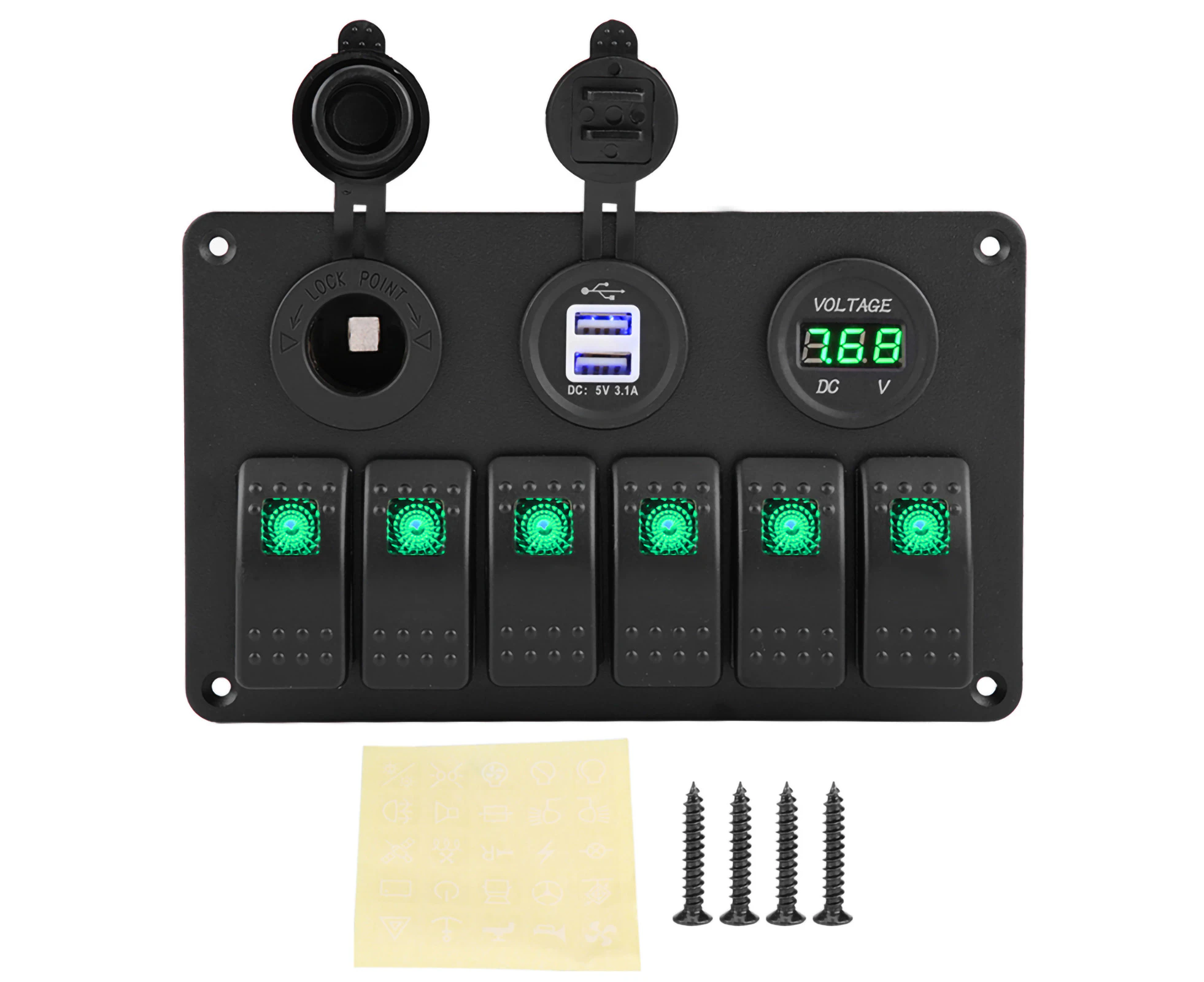 12V 24V 6 Gang Car Boat LED Rocker Switch Panel Dual USB Voltmeter Cigarette Lighter Green