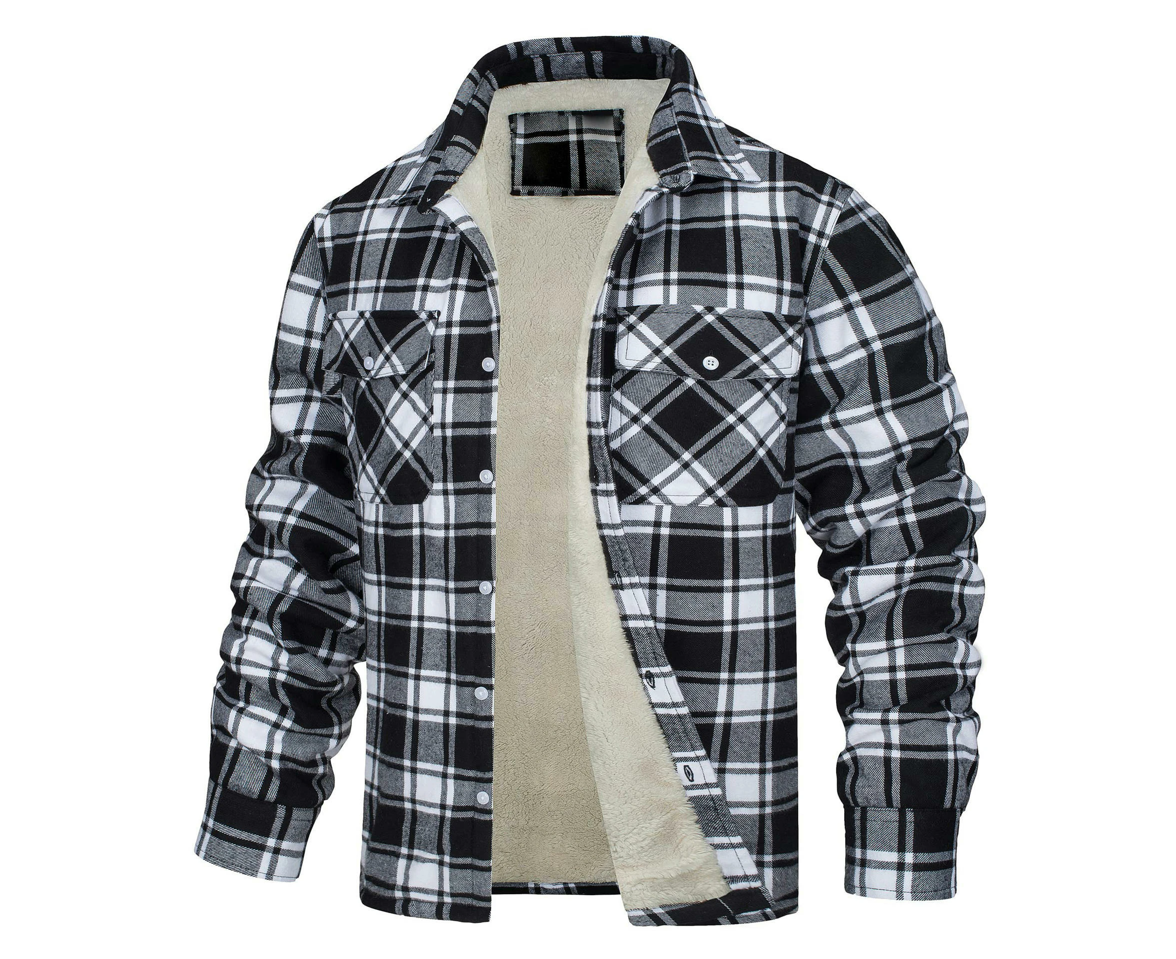 Men's Cotton Plaid Long Sleeve Jacket Fleece Lined Flannel Sherpa Button Down Coat-Black and white