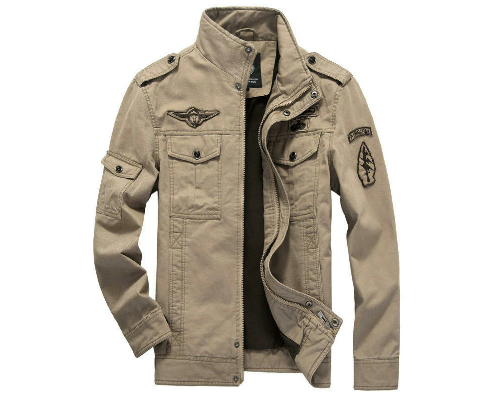 Men's Casual Washed Cotton Military Jacket Zip Up Jacket with Pocket-Khaki color