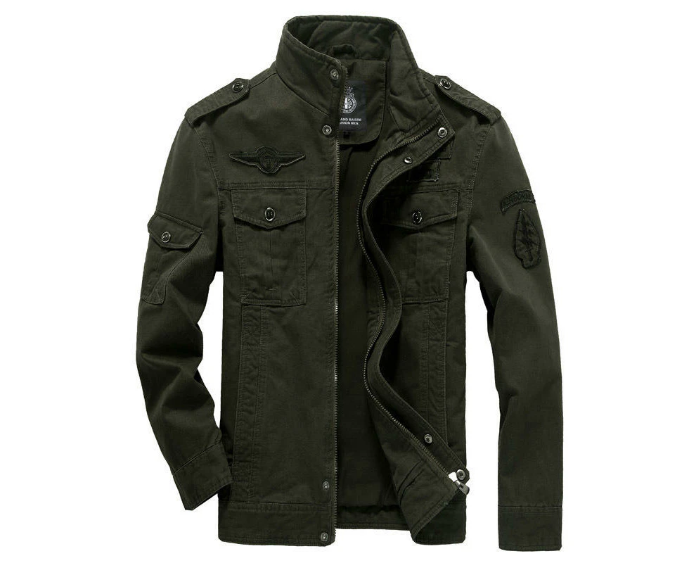 Men's Casual Washed Cotton Military Jacket Zip Up Jacket with Pocket-Military Green