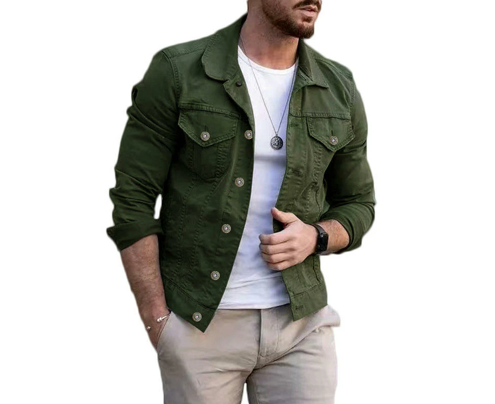 Men's Casual Classic Denim Jacket Slim Fit Fashion Jean Coat-Military Green