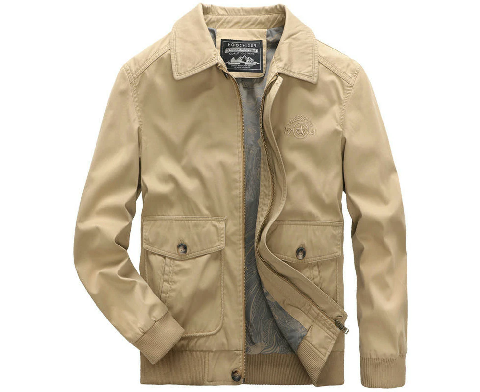 Men's Casual Cotton Jacket Lightweight Pockets Zip Military Jacket-Khaki color