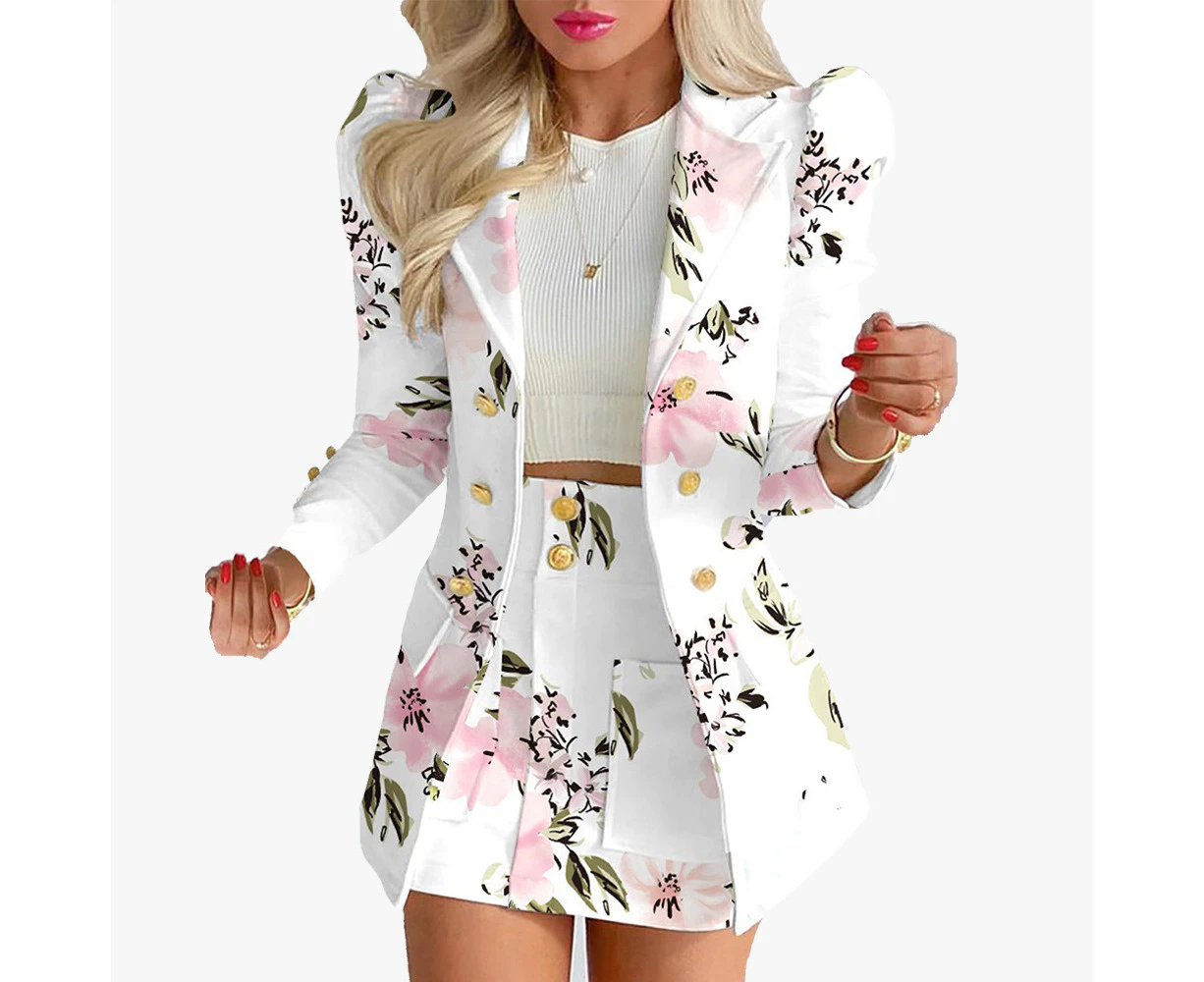 Suit Suit Women's Short Skirt Suit Two-piece Dress Dress Long Sleeve Temperament Plaid Printed Popular Vacation Casual -White flower skirt