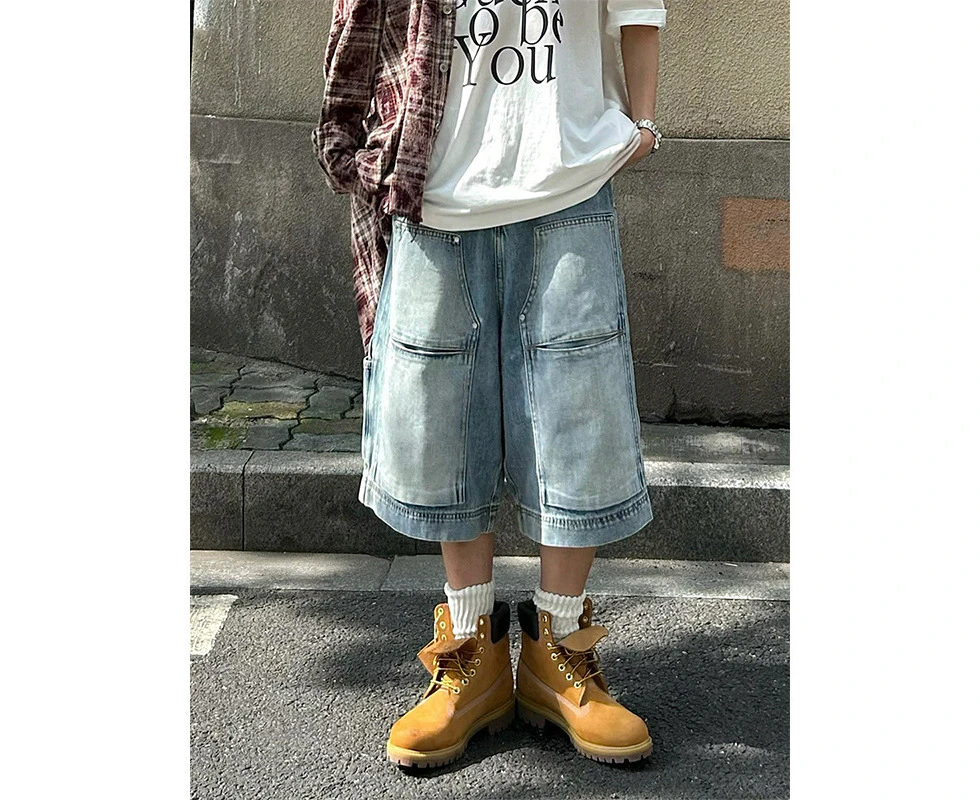 Multi-pocket workwear denim shorts men's retro niche versatile loose straight-leg mid-length pants cropped trousers