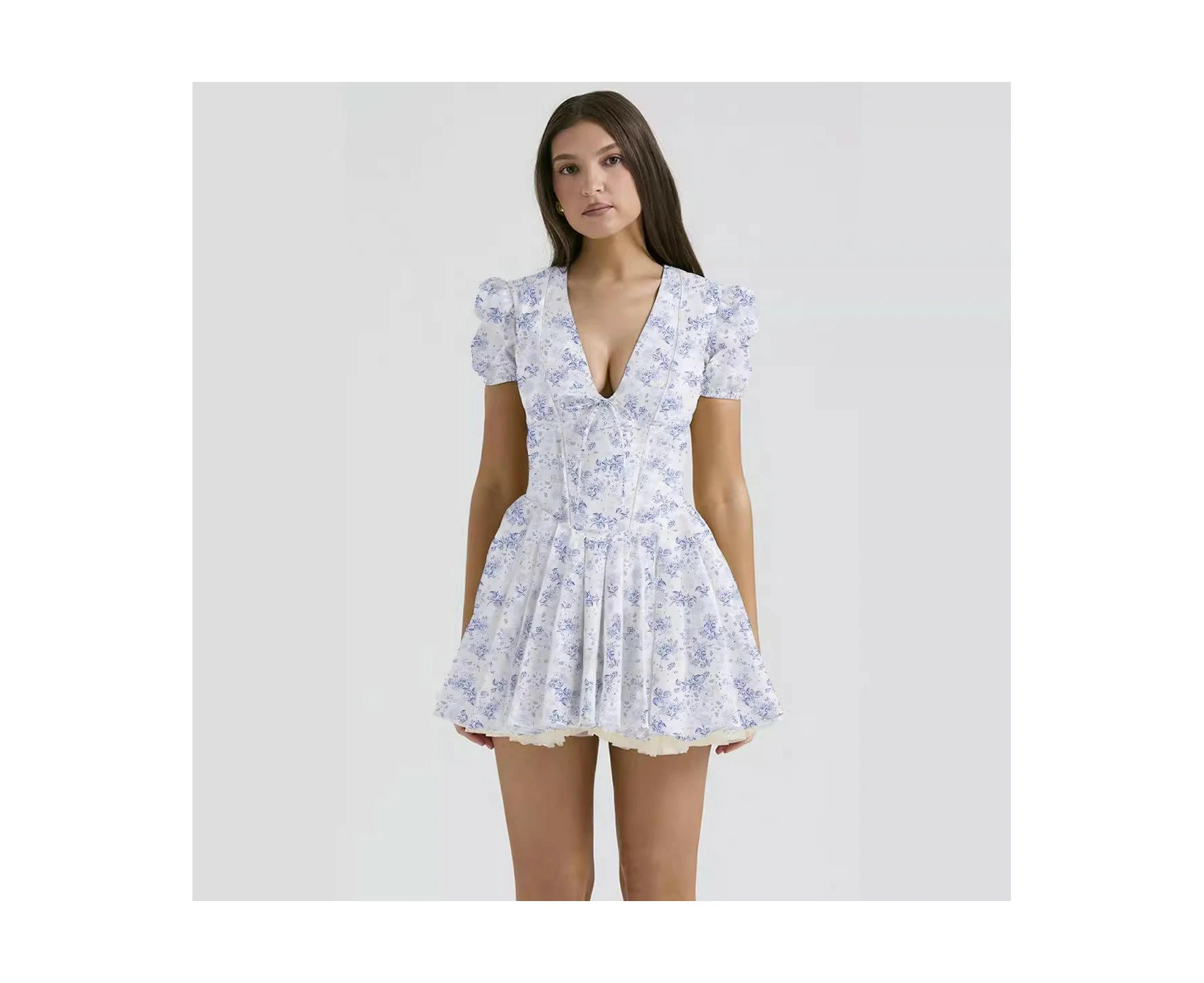 Women's Summer Puff Short Sleeve V Neck Dress Ruffle Flowy Mini Dress-Blue