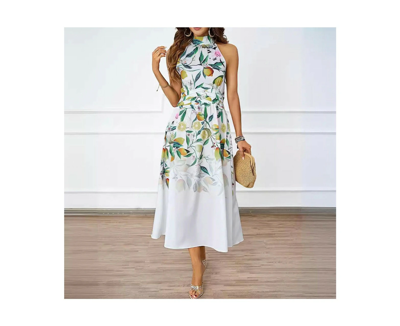 Women Summer Boho Long Dress Sleeveless Halter Neck Tie Smocked Beach Maxi Dress-White lemon flower