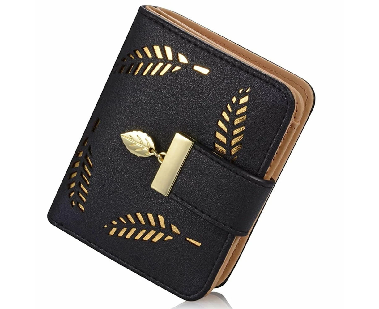 Women's Short Purse Leather Wallet Leaf Bifold Card Coin Holder Small Purses Buckle Zipper Clutch