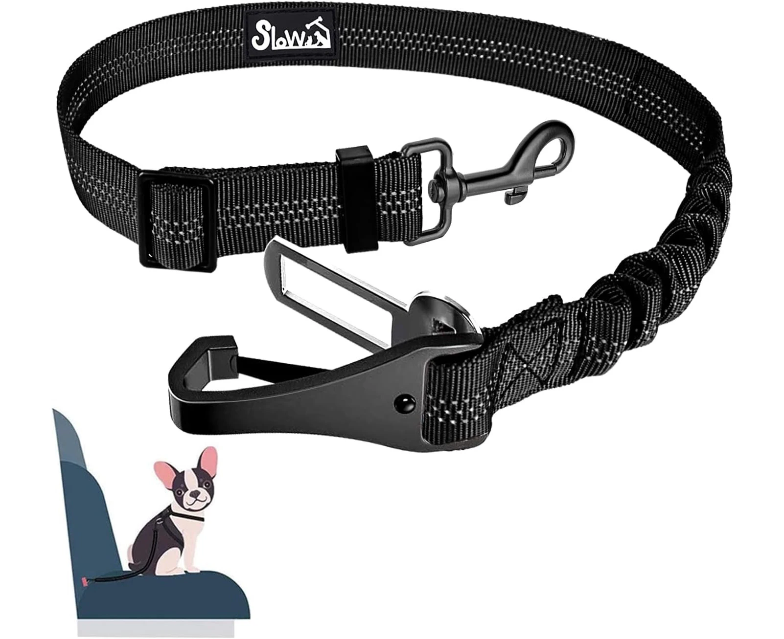 SlowTon Dog Seat Belt, Adjustable Dog Safety Belt Leash, 2 in 1 Latch Bar Attachment Dog Car Seatbelt with Elastic Nylon Bungee Buffer, Reflective Nylon Be