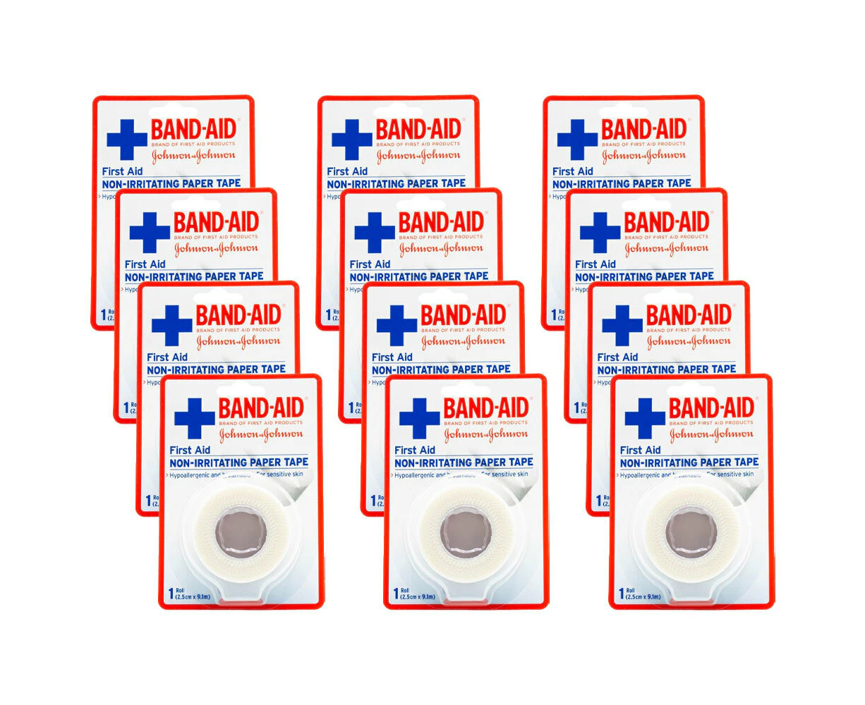 12x Band-Aid First Aid Non Irritating Soft Medical Paper Tape Roll 2cmx9m White