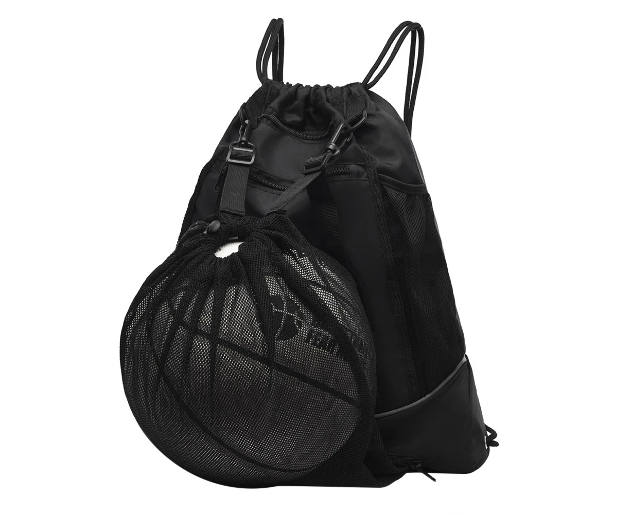 Drawstring Basketball Backpack Foldable Gym Sackpack Outdoor Sports Sack With Detachable Ball Mesh Bag For Soccer Baseball Yoga Travel