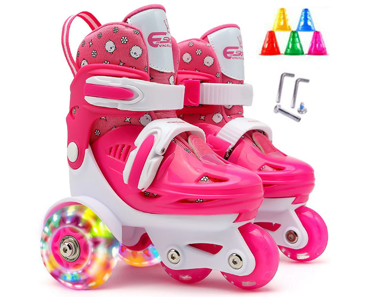 Kids Quad Roller Skate Roller Skates 3 Point Balance Roller Shoes For Girls Boys With Adjustable Size Double Brakes Luminous Wheels