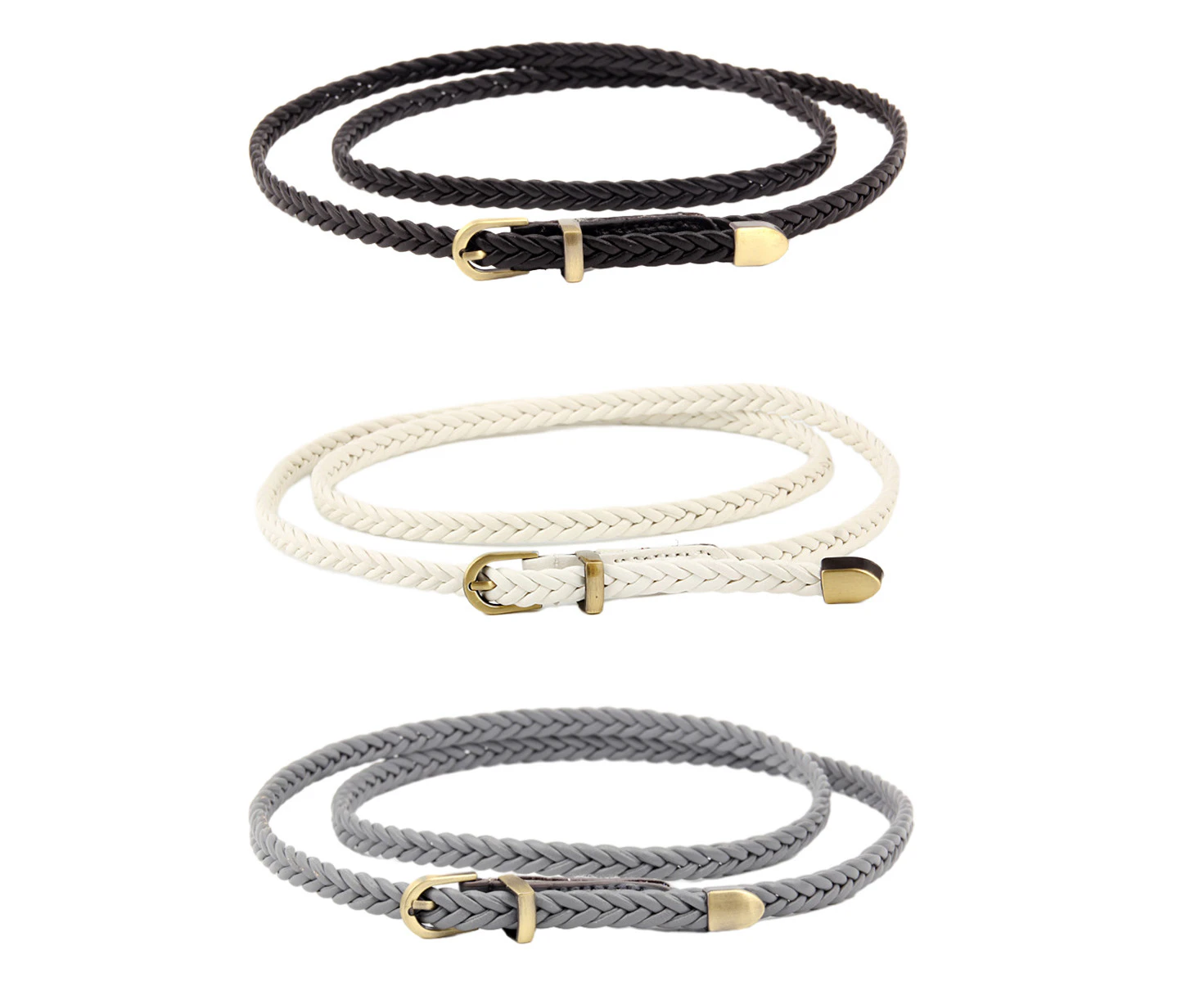 3 Pack Retro Leisure Women Braided Skinny Pu Thin Woven Belt For Jeans Dress, 3 Colors,Style 1