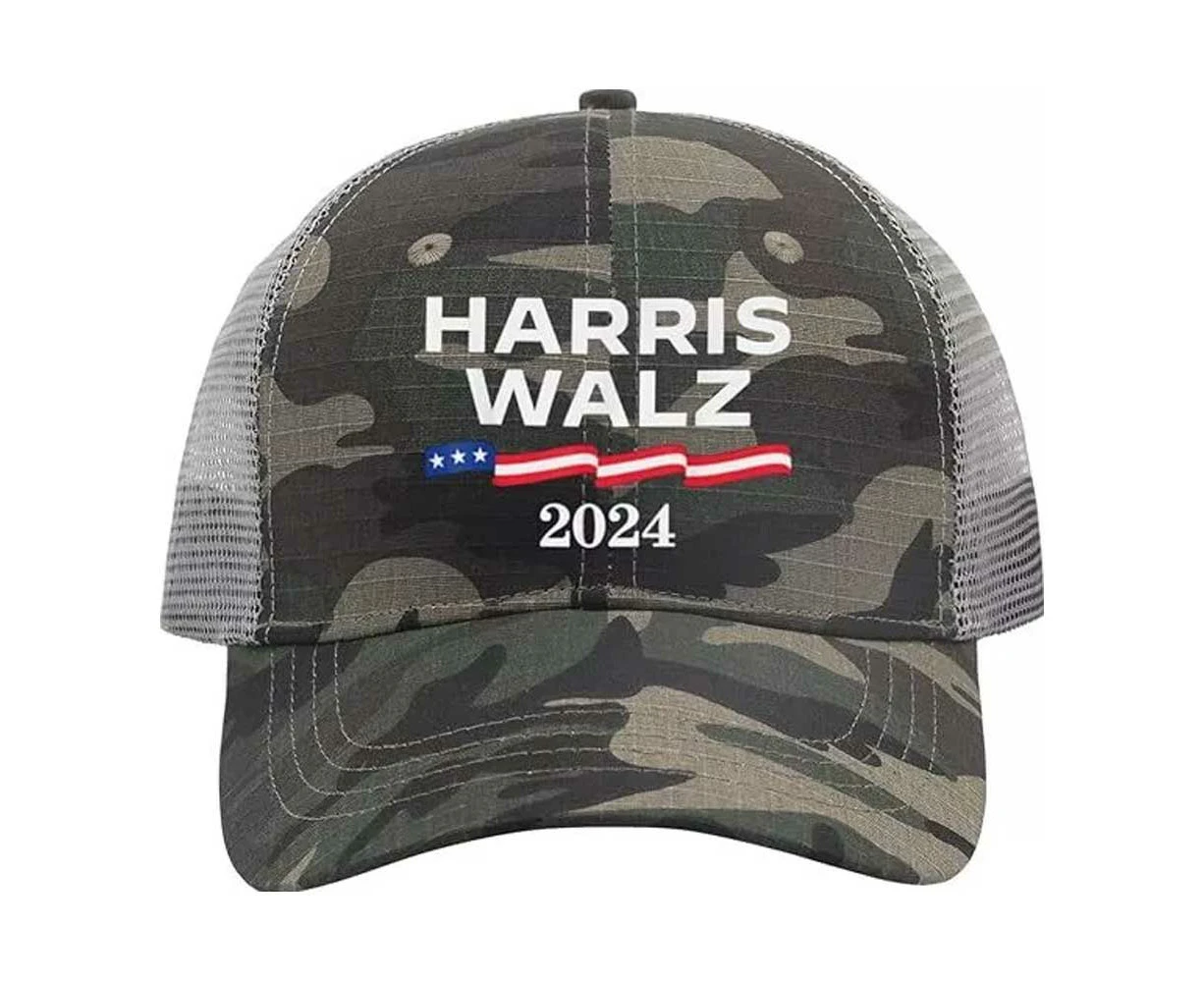 Harris Walz Hat 2024 Election Camo Trucker Cap Kamala President Democrat Gift