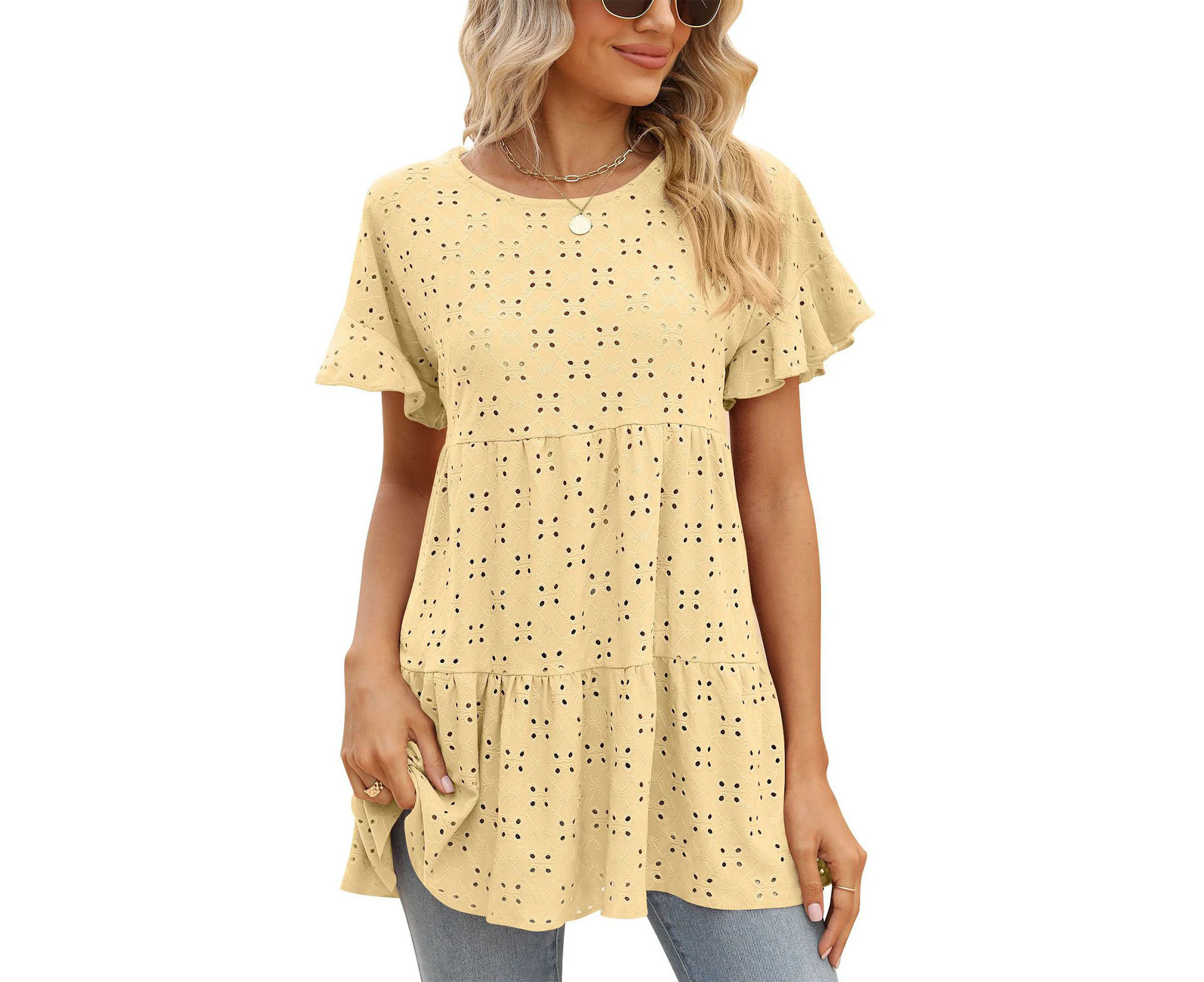 Women T Shirt Crew Neck Short Ruffle Sleeve Hollow Out Pure Color Loose Fitting Elegant Summer Pullover Top Yellow Xl