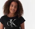 Calvin Klein Girls' Colourblock Monogram Tie Front Tee / T-Shirt / Tshirt - Black