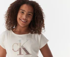 Calvin Klein Girls' Colourblock Monogram Tie Front Tee / T-Shirt / Tshirt - Antique White