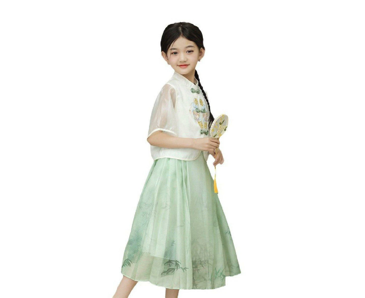 Traditional Chinese Style Girls Hanfu Vest Cardigan and Skirt Set for Costume