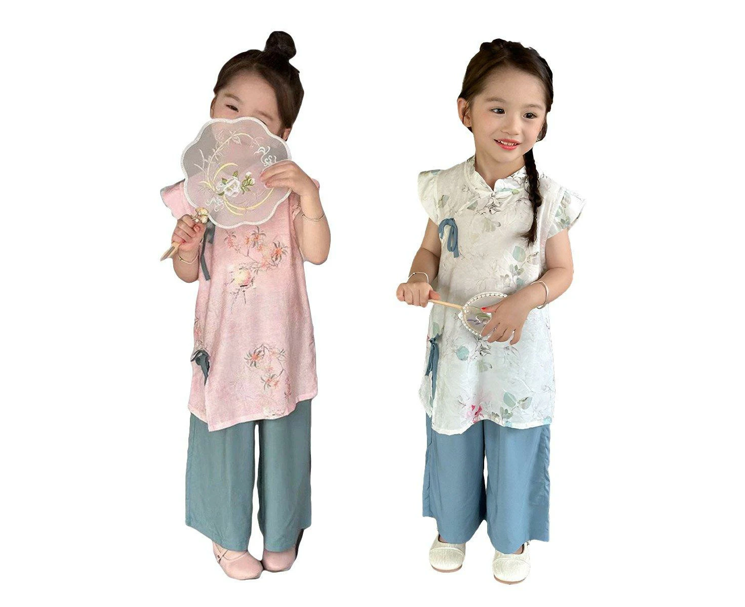 New Chinese Style Girls Waistcoat Tang Suit Pink White Two Piece Cheongsam Set